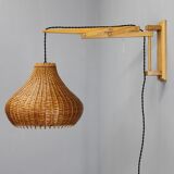 Mid-century adjustable wooden wall lamp with rattan shade, Lipta, 1970s