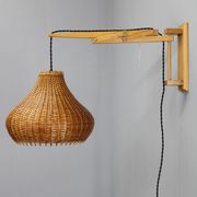 Mid-century adjustable wooden wall lamp with rattan shade, Lipta, 1970s