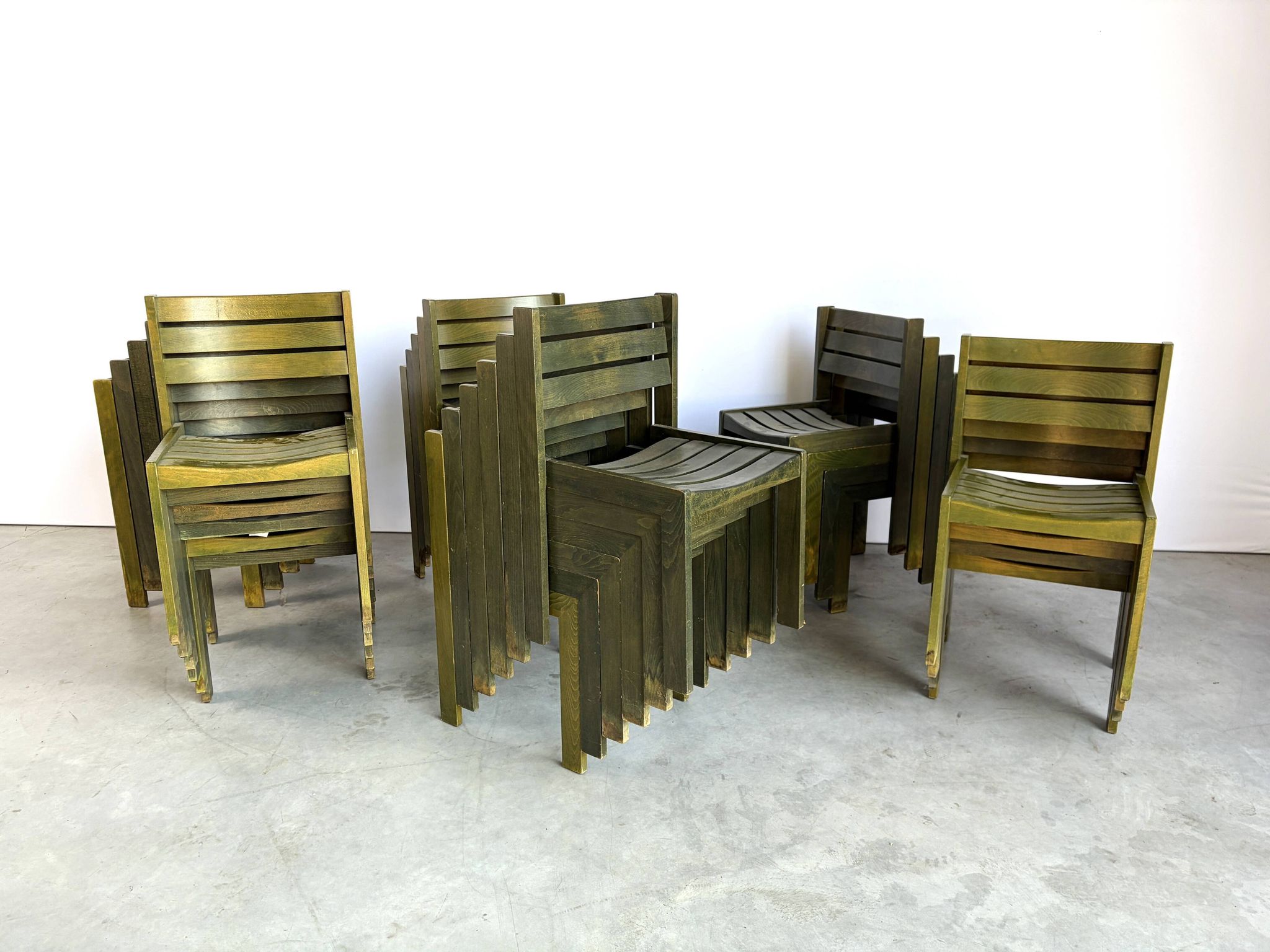Vintage Wilkhahn stackable dining chair, green stained wood, Germany, 1970s
