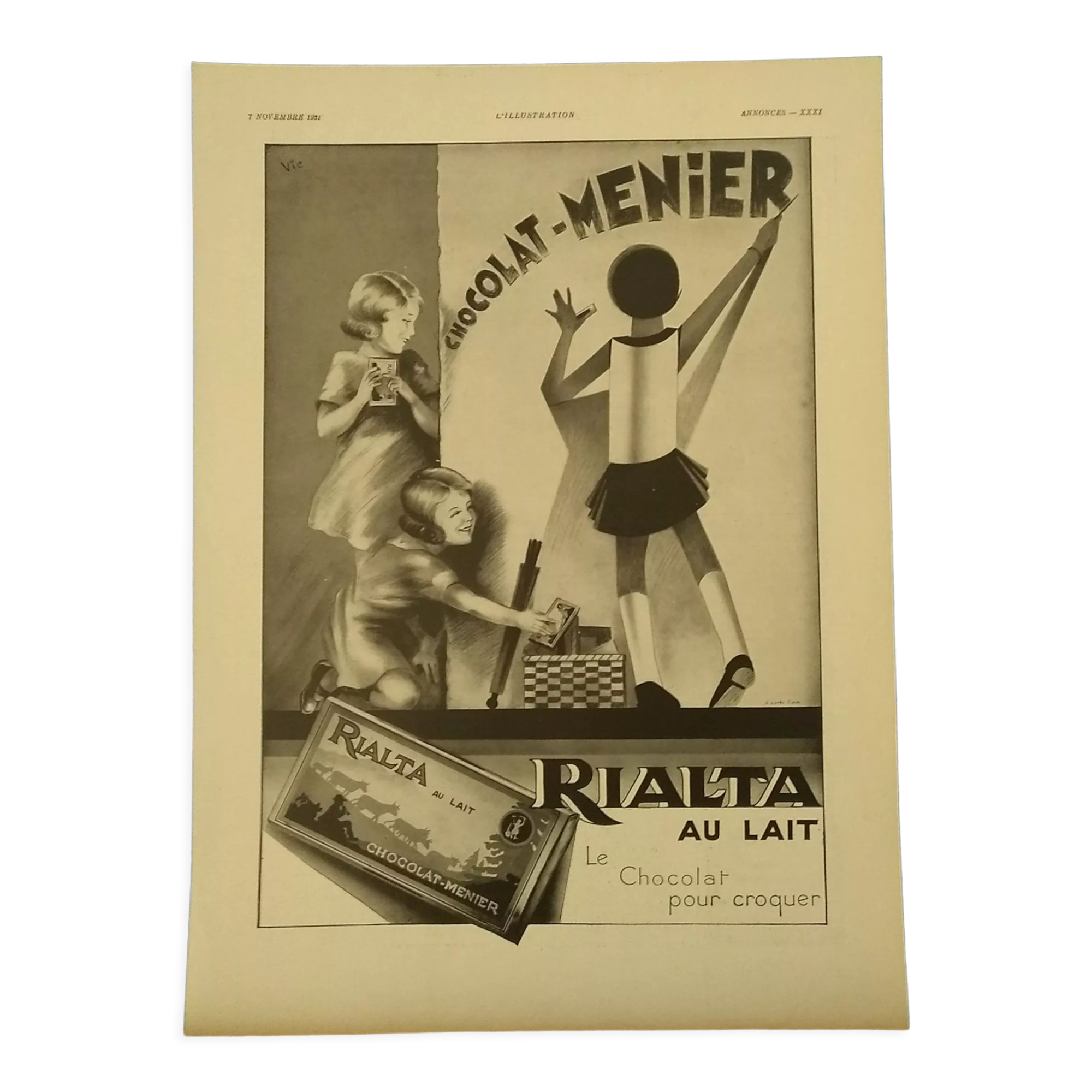 Chocolate paper advertisement Meunier Rialta with milk children from revised 1931
