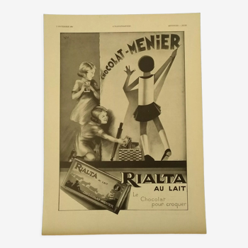 Publicité papier chocolat Meunier  Rialta  au lait enfants issue revue 1931
