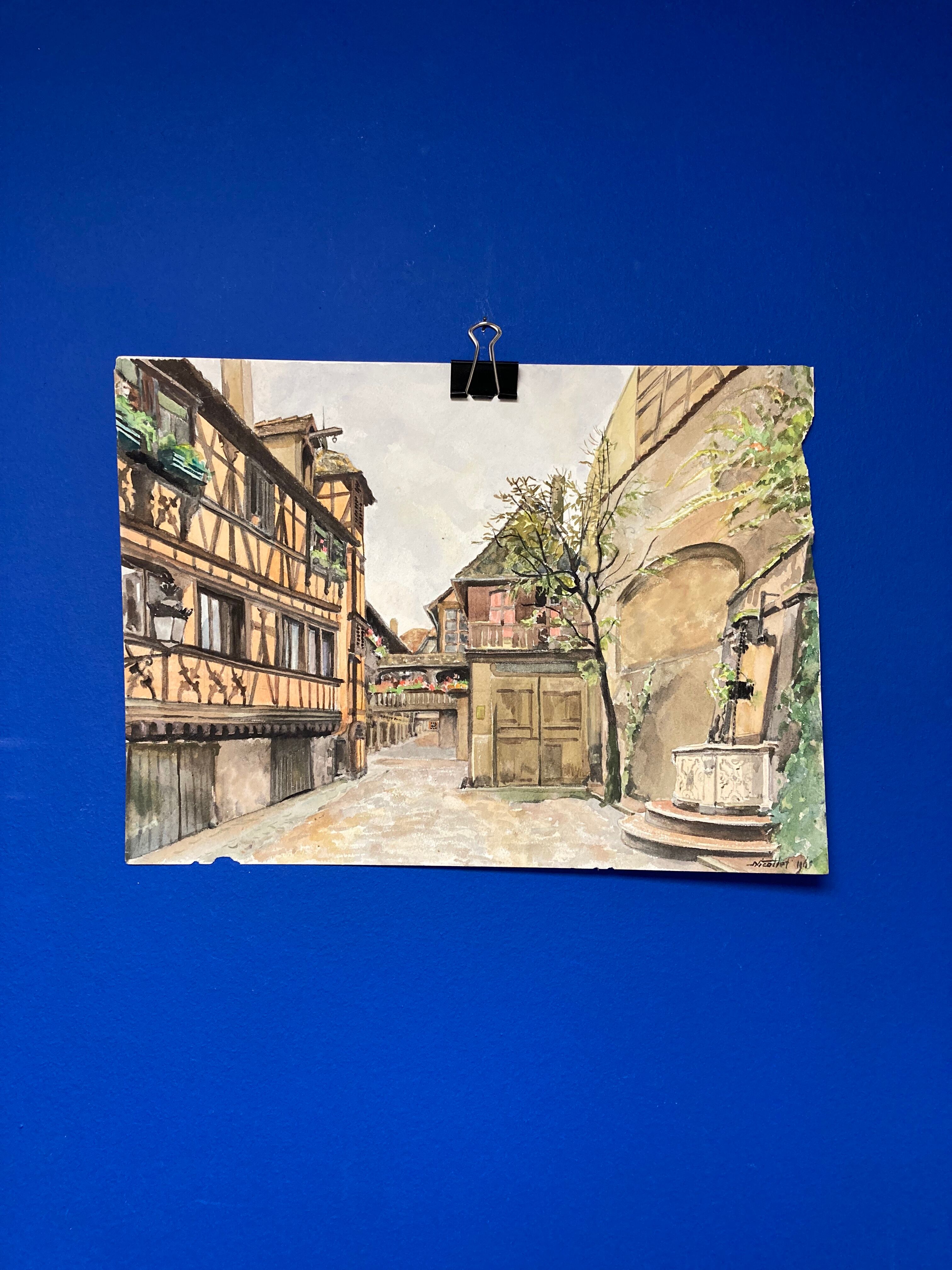 Watercolor vintage village view