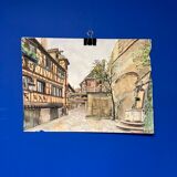 Watercolor vintage village view