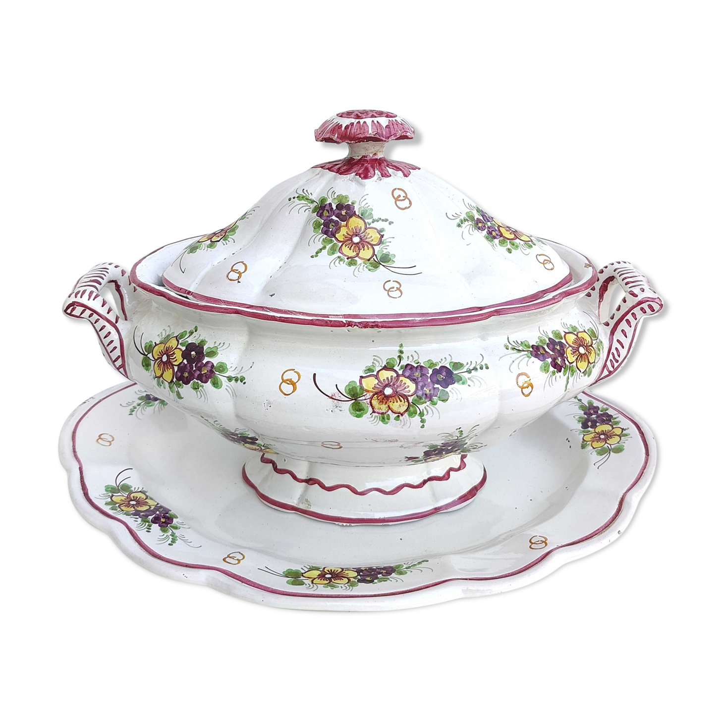 Italian porcelain soup tureen with bird and flower decor