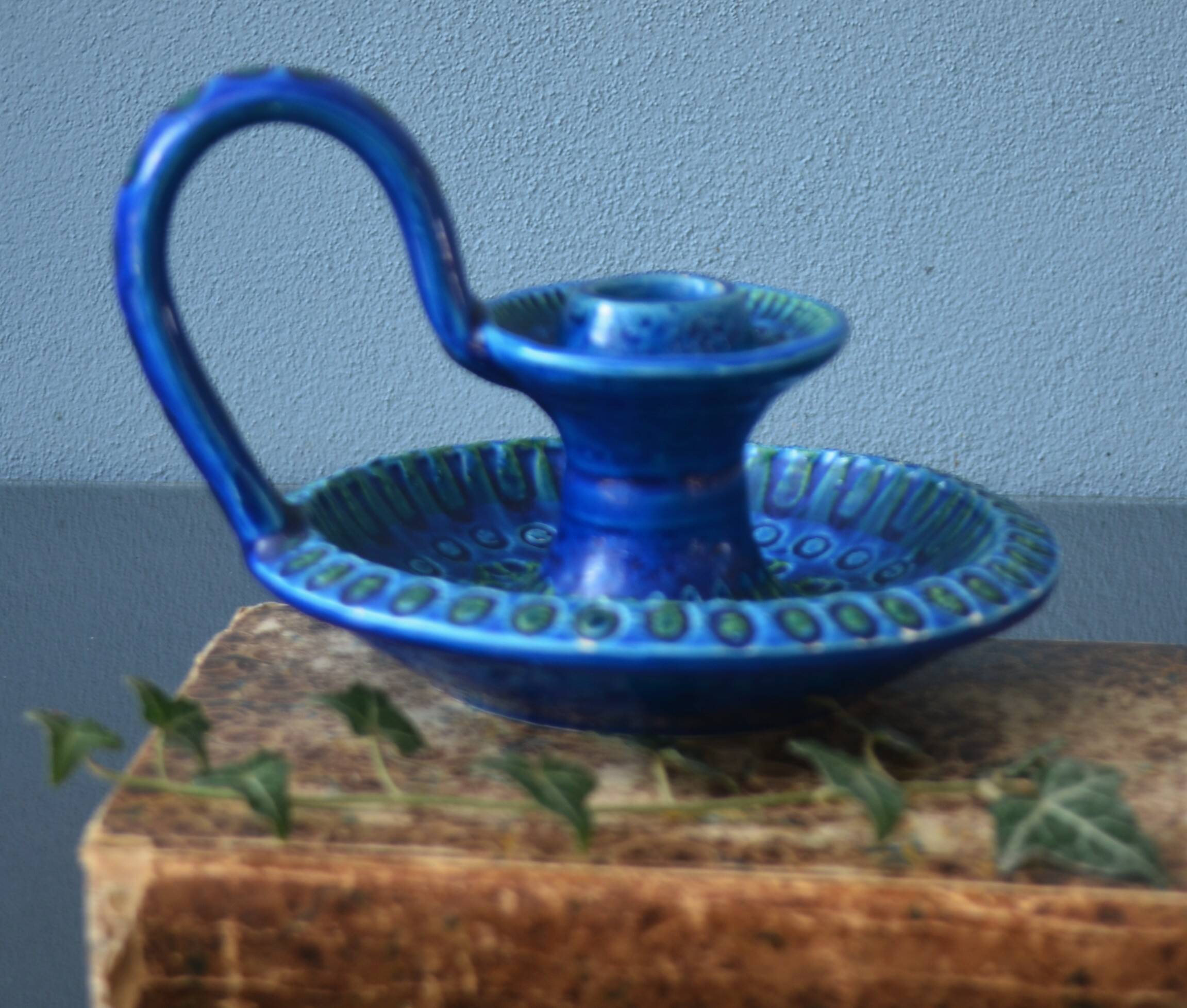 Mid Century Bitossi Aldo Londi Rimini Blue Chamber Candle Holder Painted in Blu