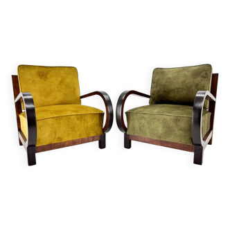 Pair of art deco beech wood armchairs, 1930's, newly upholstered