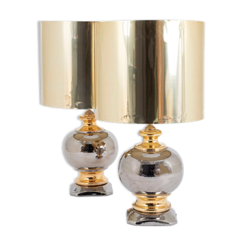 Pair of tubes ceramic ball at the luster of silver and gold, around 1960