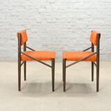 4 Wengé Wooden Dining Chairs with Orange Bouclé Fabric Upholstery 1960s