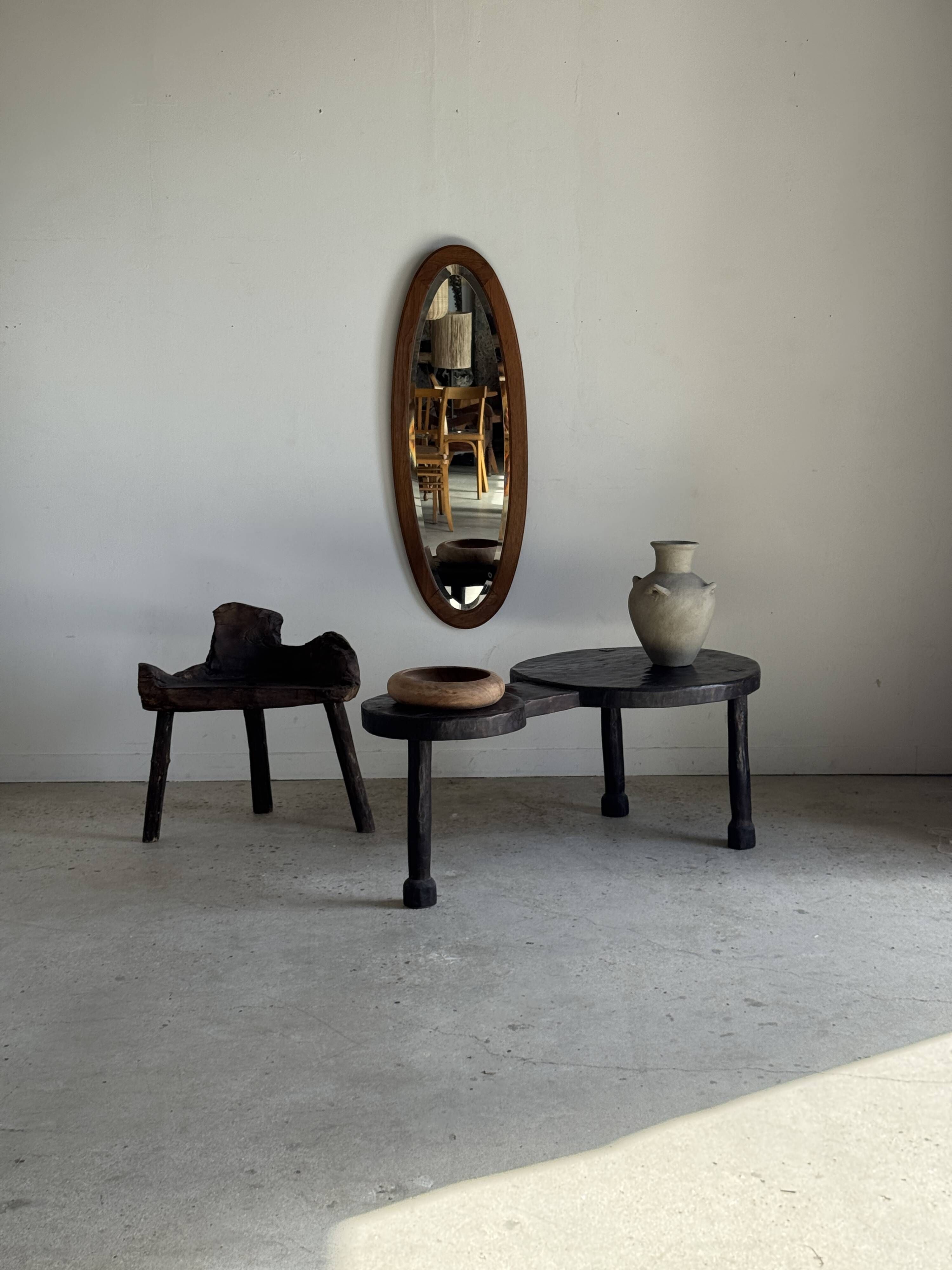 Vintage oval mirror in oak with bevelled glass H120 W43 D2