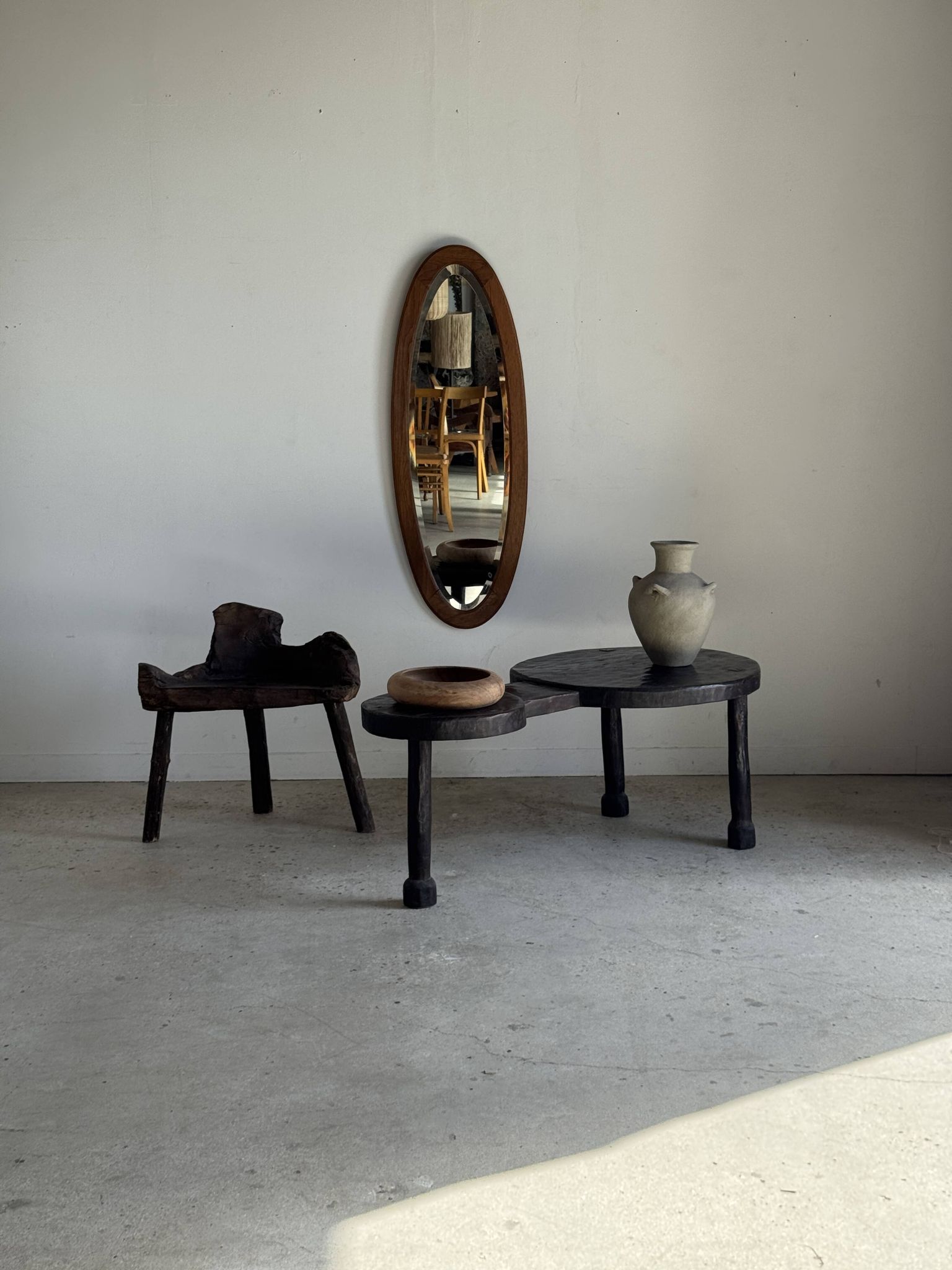 Miroir ovale vintage en chêne à glace biseautée H120 l43 P2