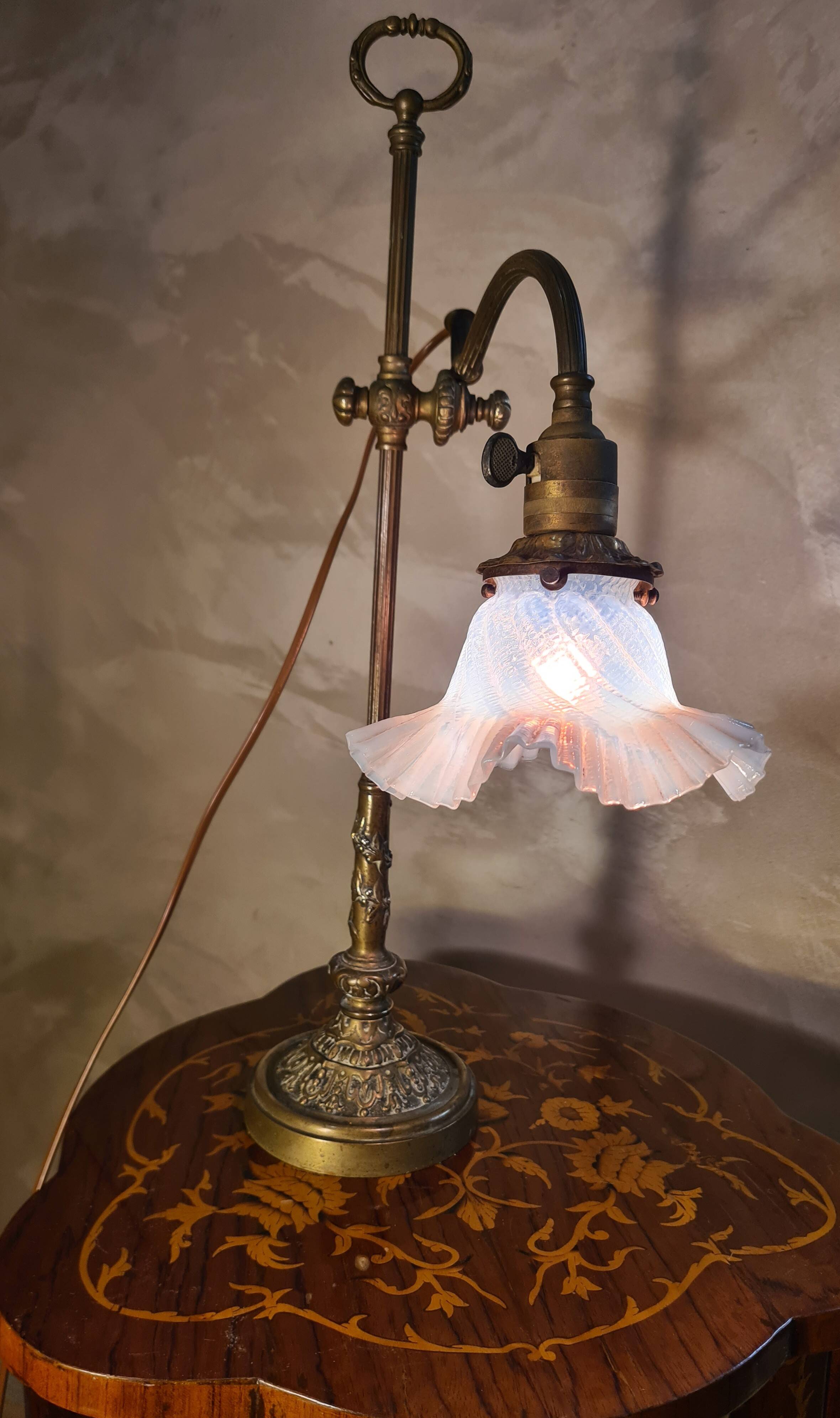 antique Art Nouveau lamp from 1890 to 1910 with blue opalescent lace glass