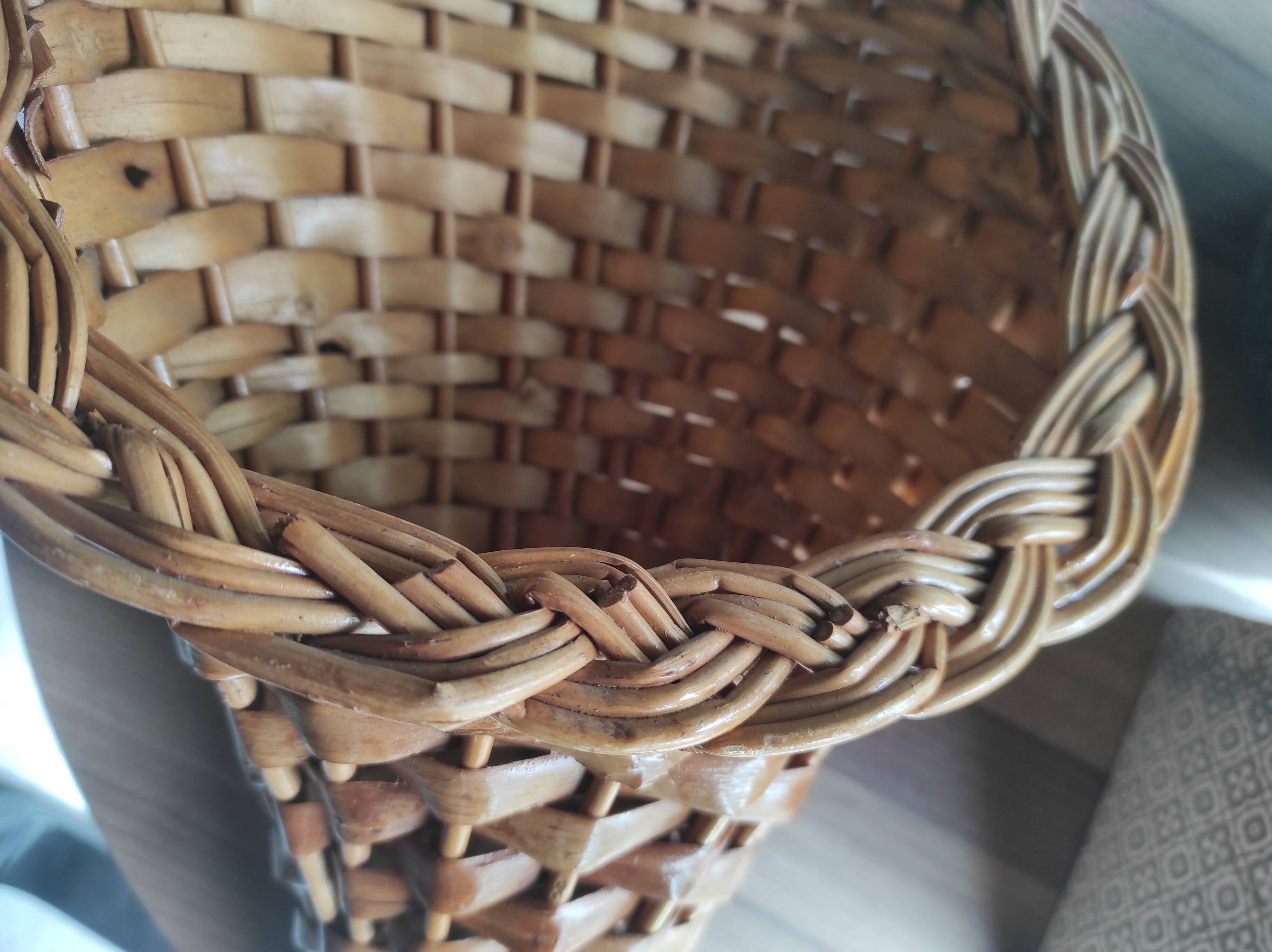 Large vintage woven wicker basket, cornucopia shape, to hang