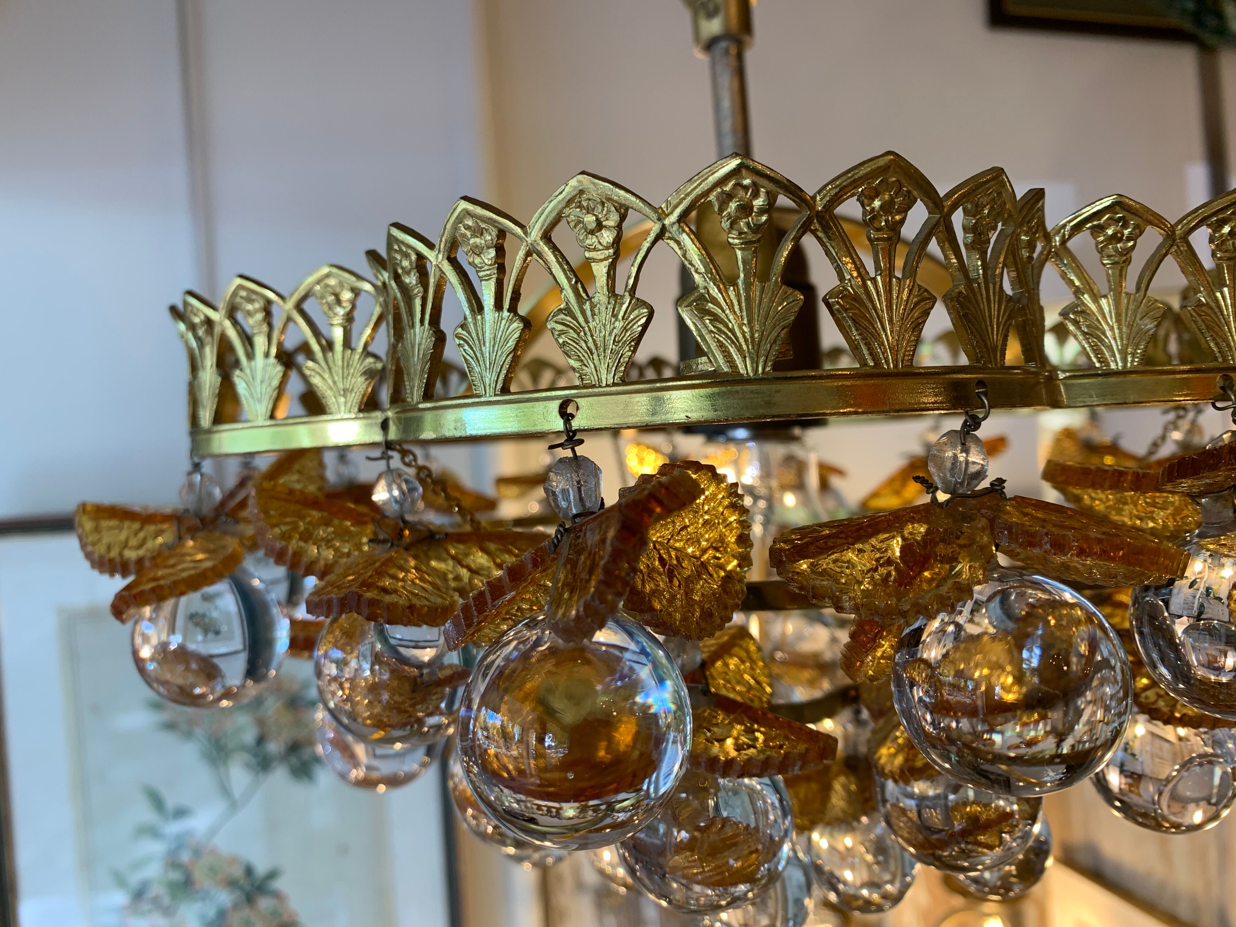 Murano ceiling light yellow flowers and glass balls 1970