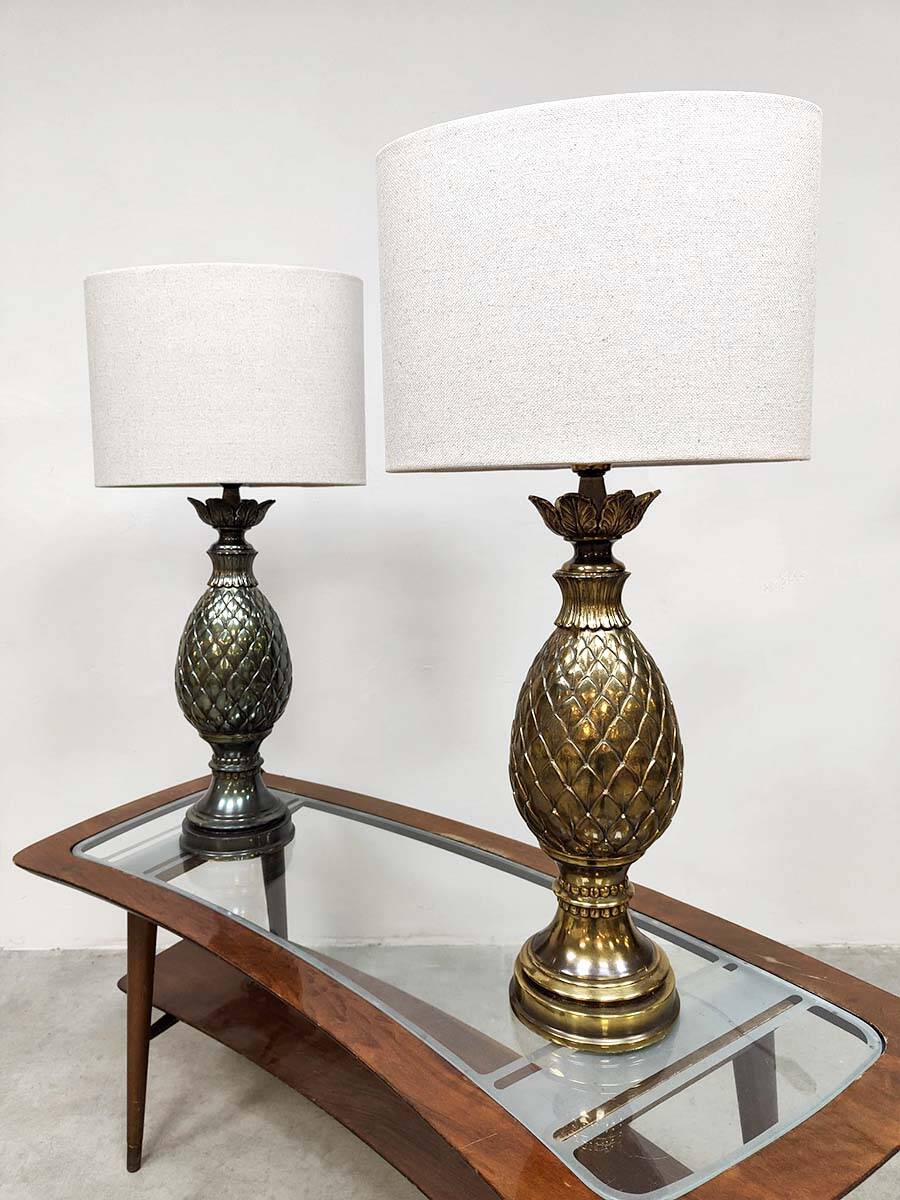 Vintage French brass pineapple table lamp set
