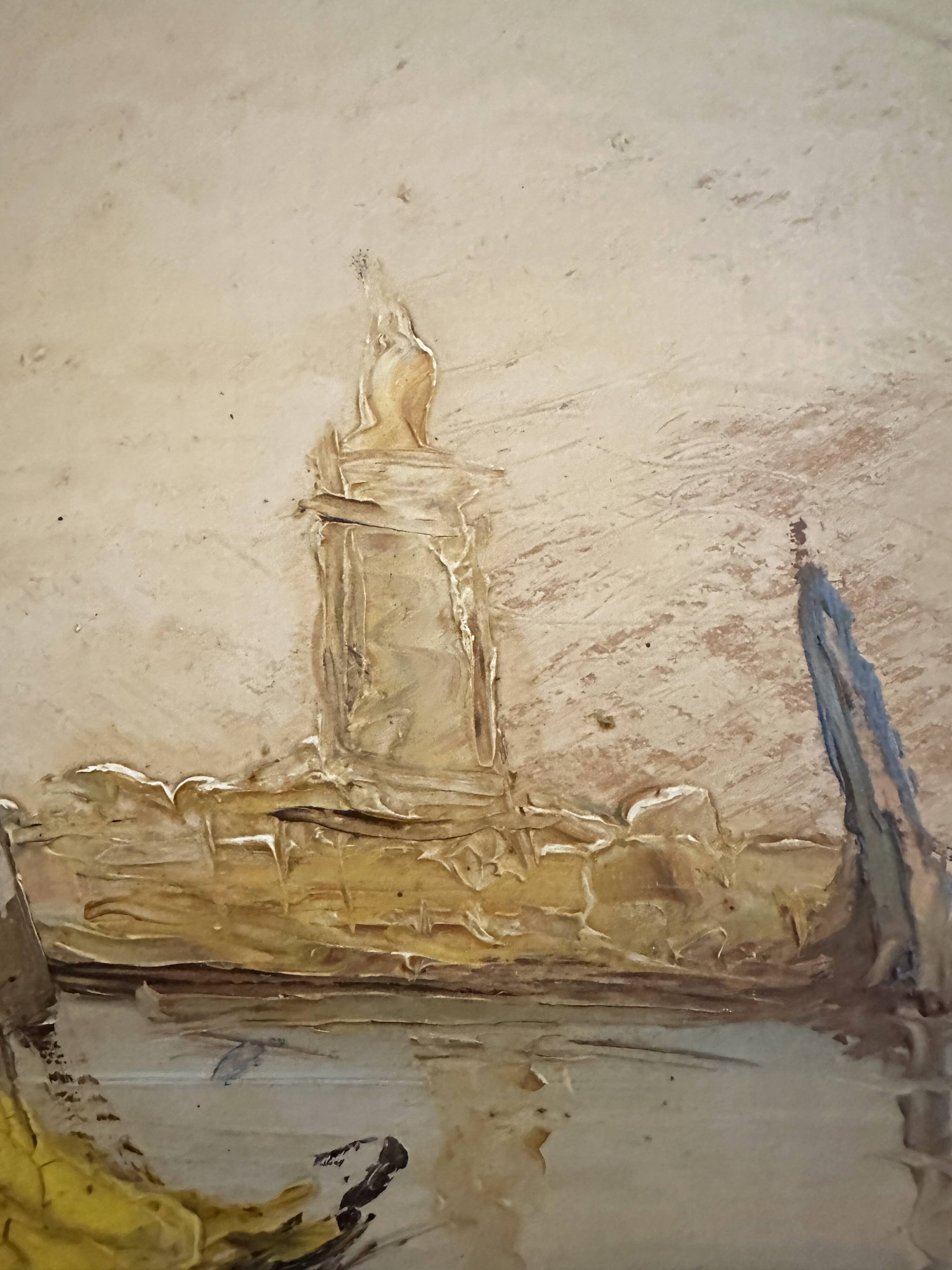 Very old painting of a Mediterranean port.