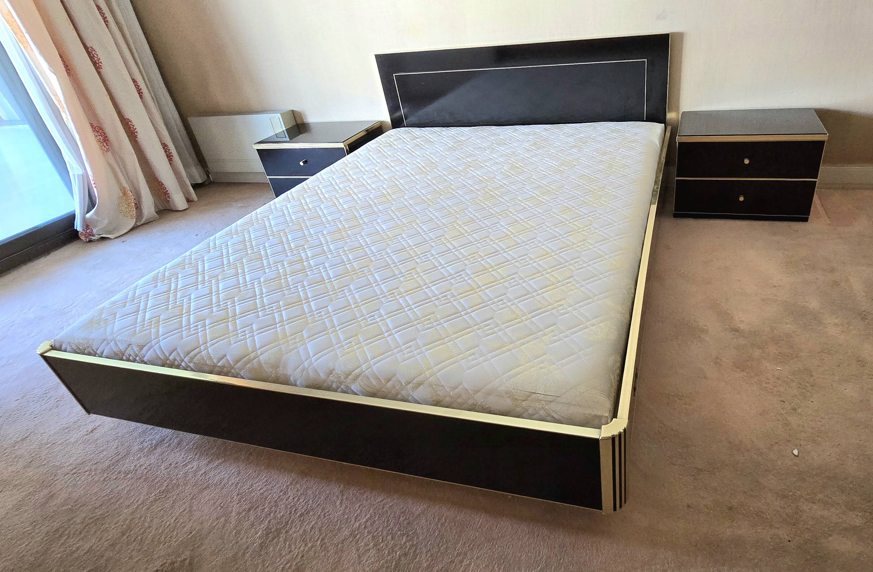Black lacquered double bed with brass, Maison Roméo Paris, 1970s