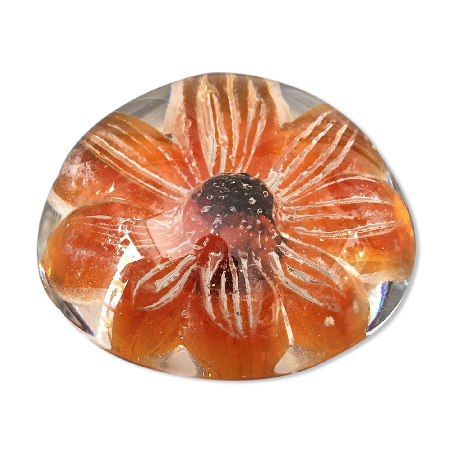 Sulfure presse-papier fleur orange ambre daum france