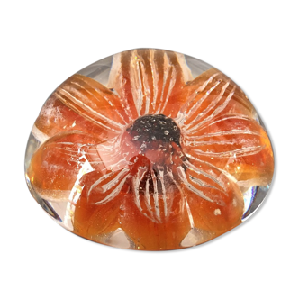 Sulfide paperweight orange flower amber daum france