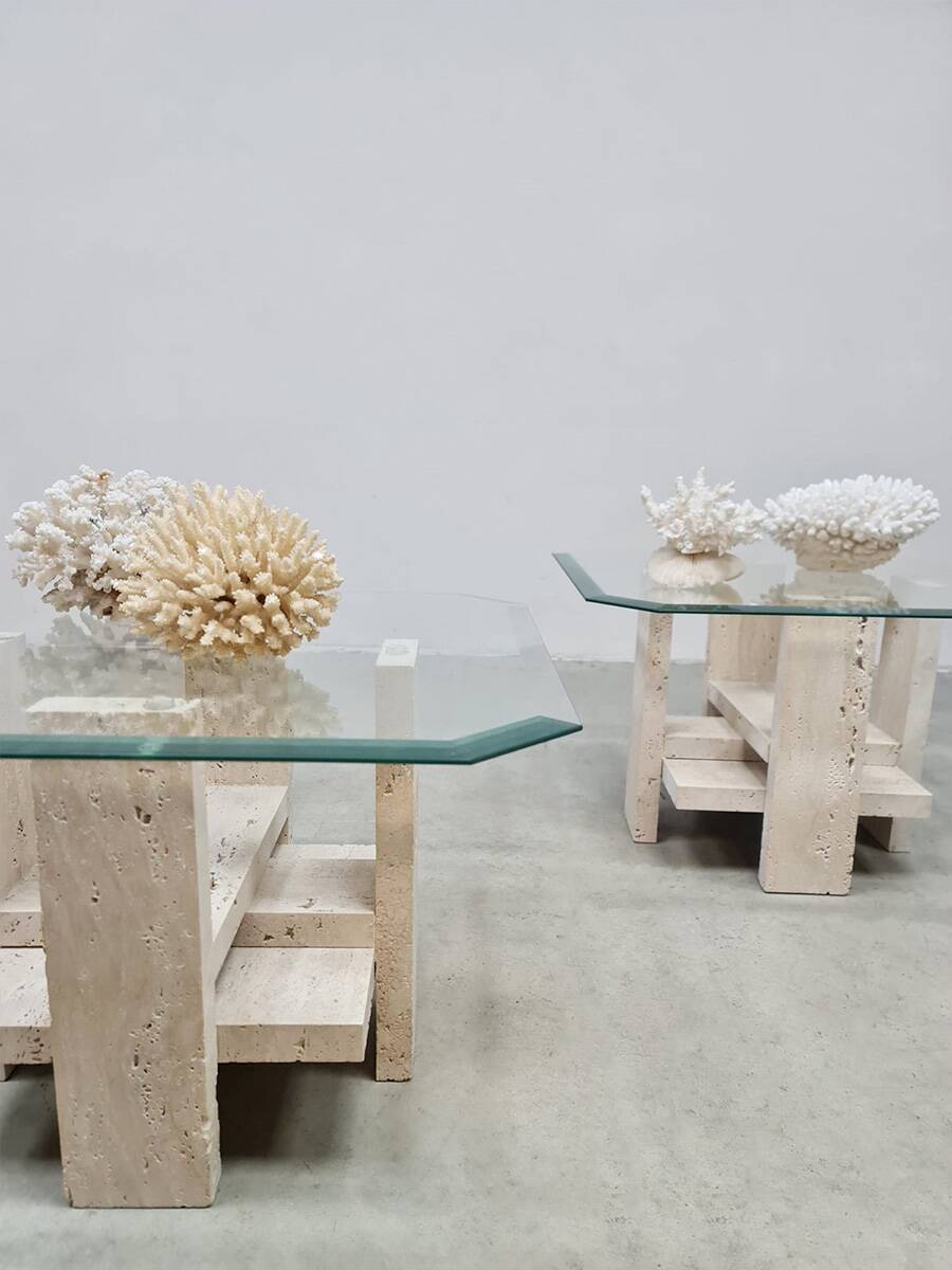 Vintage set travertine coffee tables 1970s