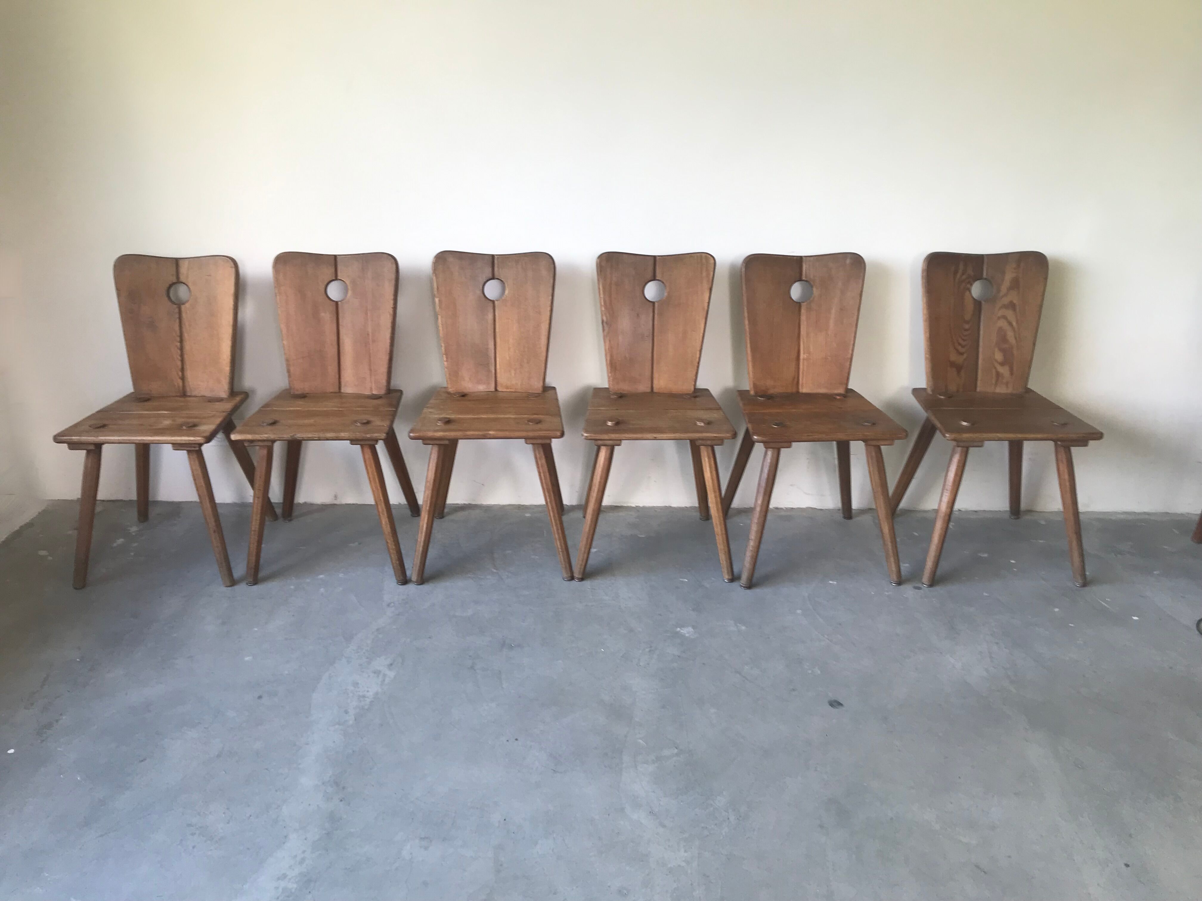 Suite of 6 savoyard solid wood chairs, circa 1950