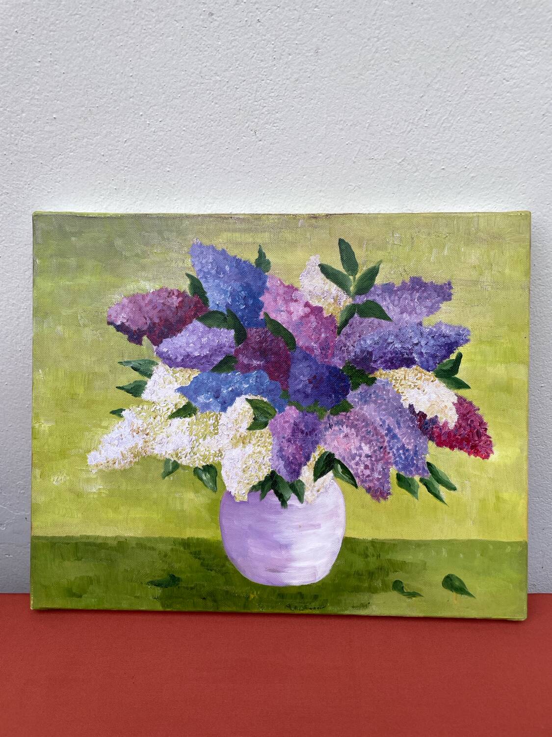 Painting bouquet of lilacs oil on canvas