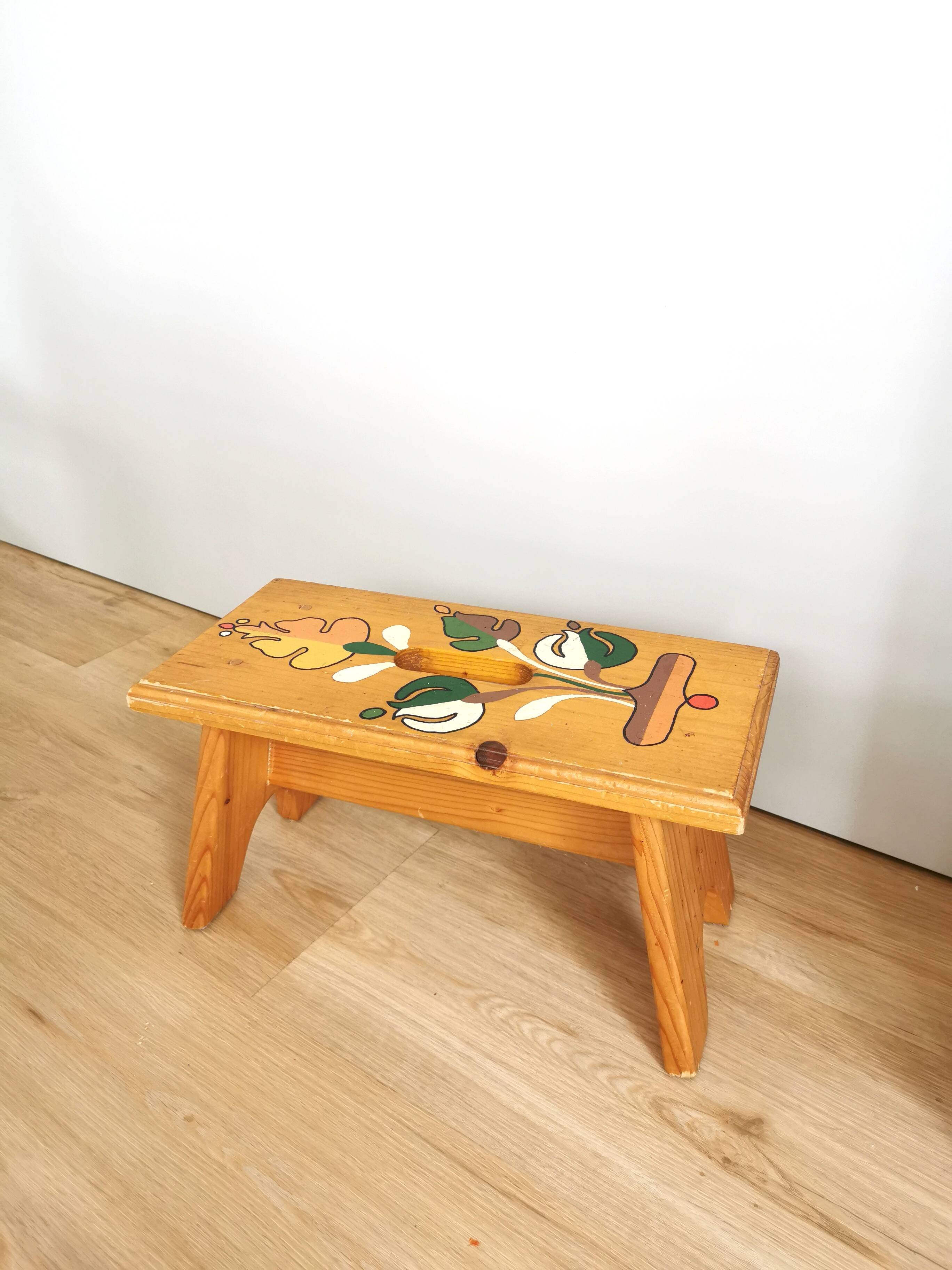 Vintage Hand-Painted Wooden Footstool: Yugoslavian Folk Art Decor