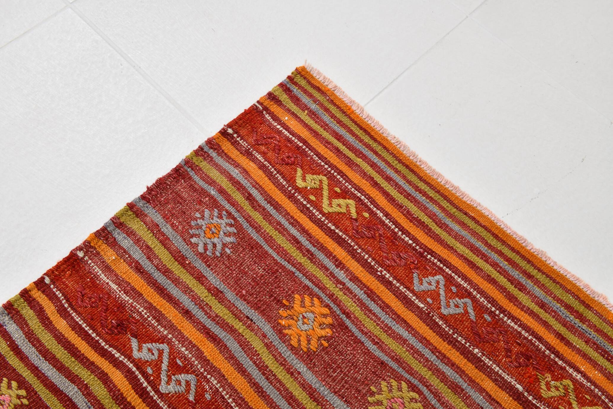 4x7 Red Orange Striped Handmade Wool Kilim Rug