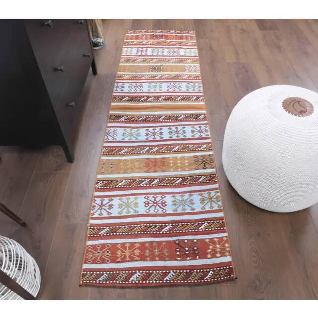 Vintage Turkish Oushak Handmade Wool Cotton Red Kilim Runner 60x214