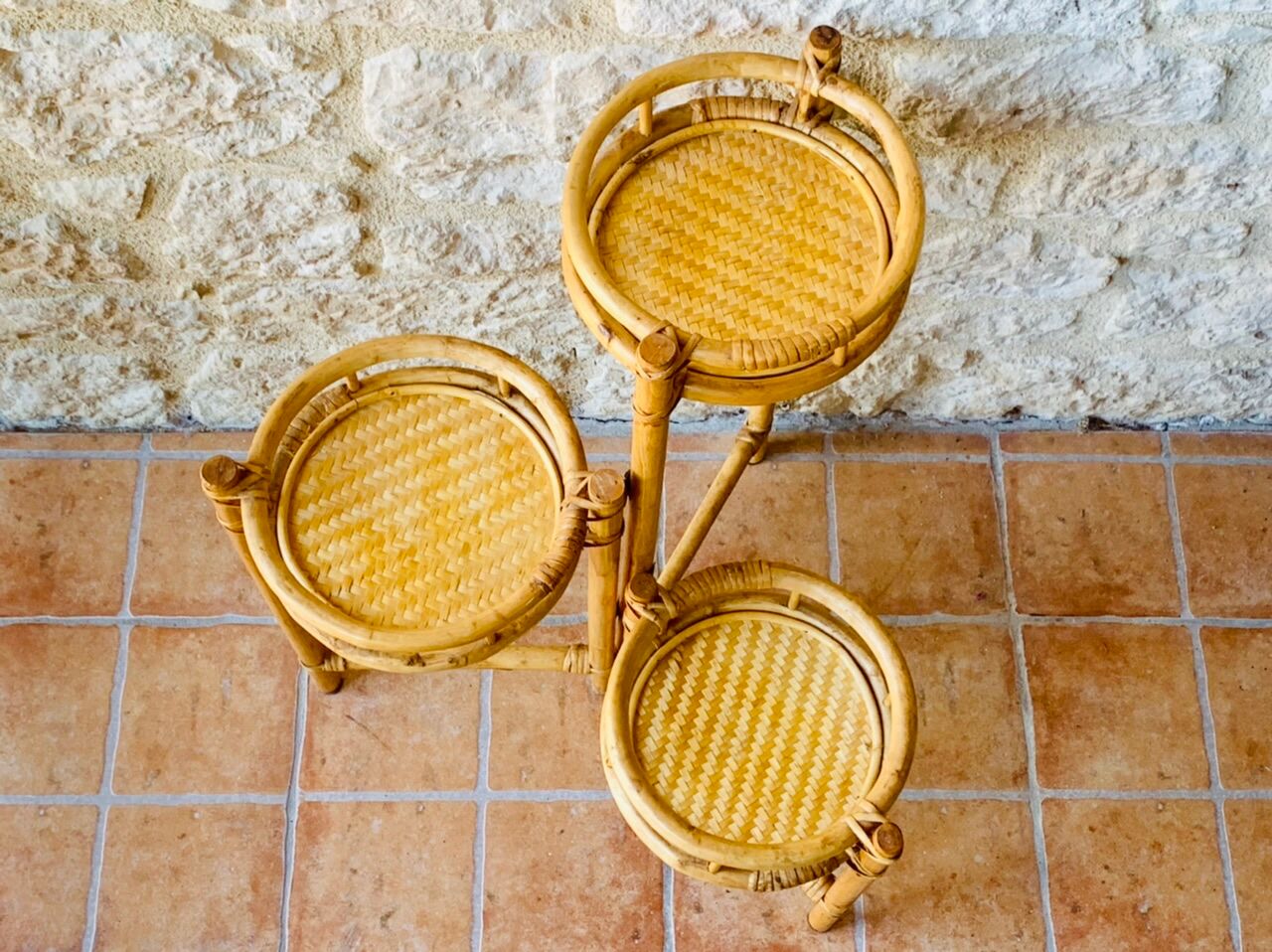 Vintage folding plant holder in bamboo and rattan, circa 1970's