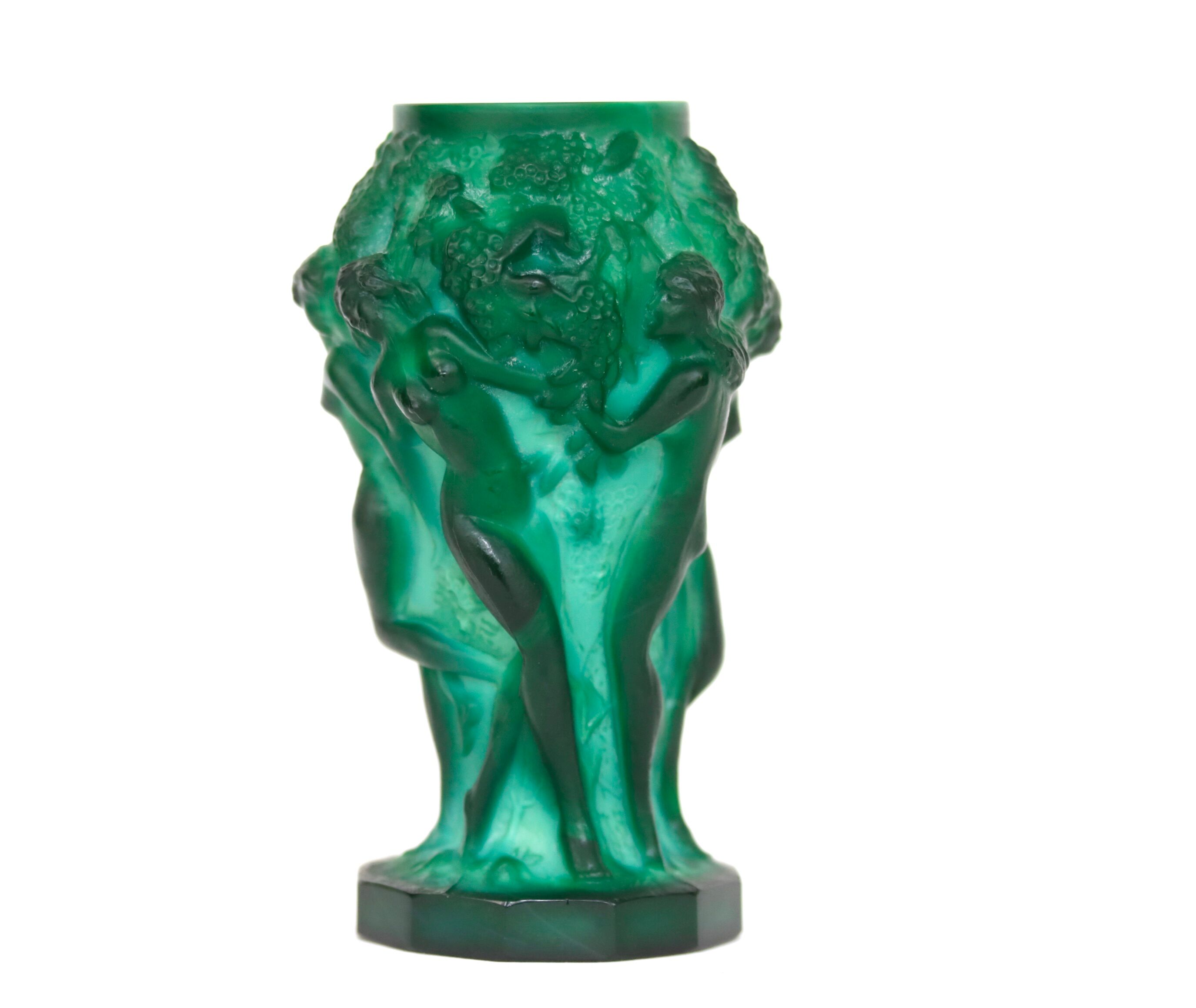 Glass vase decorated with bacchantes. Hoffman to Schlevogt 1930. Malachite green