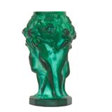 Glass vase decorated with bacchantes. Hoffman to Schlevogt 1930. Malachite green