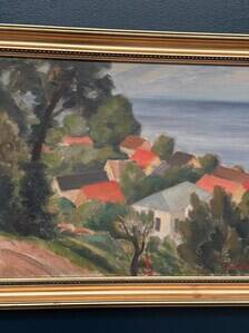 Original Oil Painting on Panel - "Coastal Village" by Bernhard Önstad - Signed - Vintage and Framed