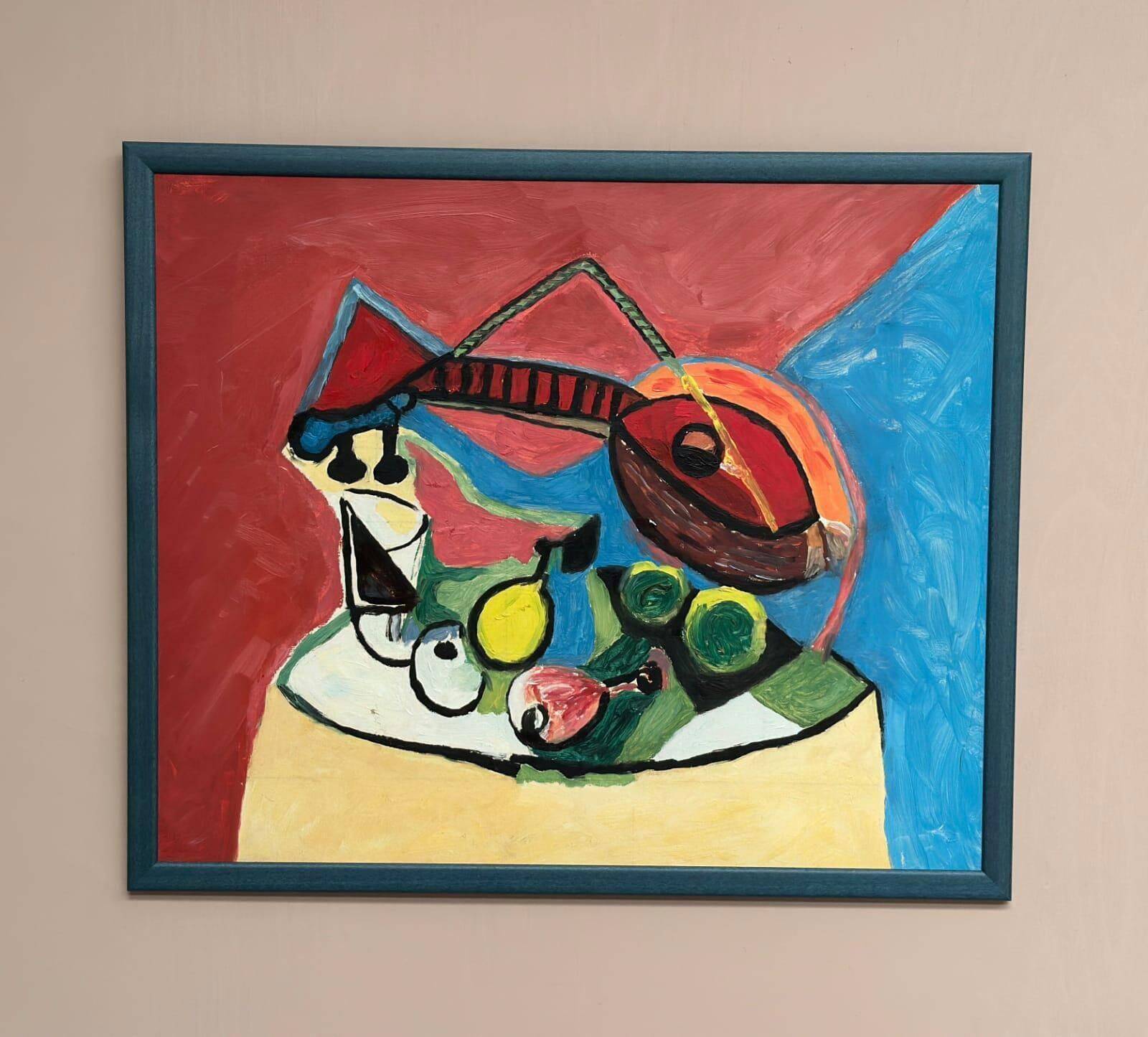 Original Swedish Oil On Panel – “Sitar And Fruit” – Vintage & Framed – 57 × 69 Cm (22.4" × 27.2")