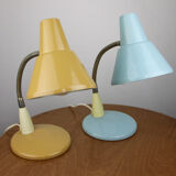 Adjustable Desk Lamp in Blue and Sand Painted Metal and Chrome-Plated Spiral Arm, 1970s, Set of 2