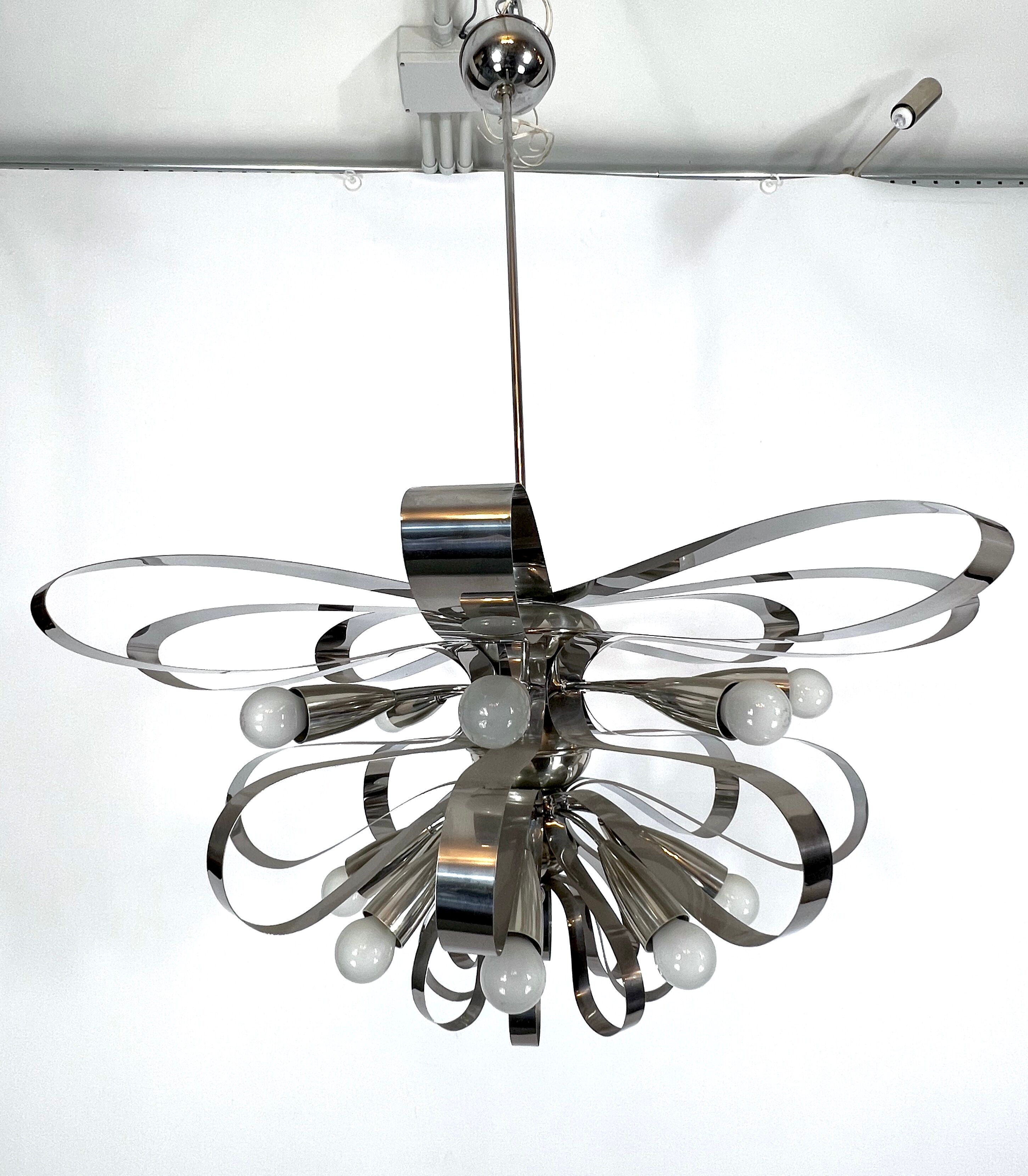 Mid-century pair of Italian chrome chandeliers from 70