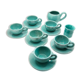 Set of 6 cups in turquoise blue enamelled earth with their saucers and milk jar