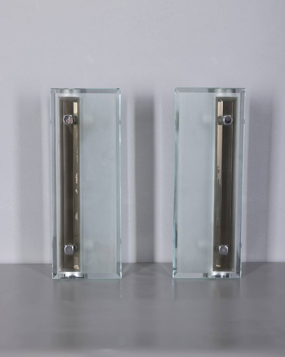 Pair of vintage 1960s metal and glass wall lamps, Italian design