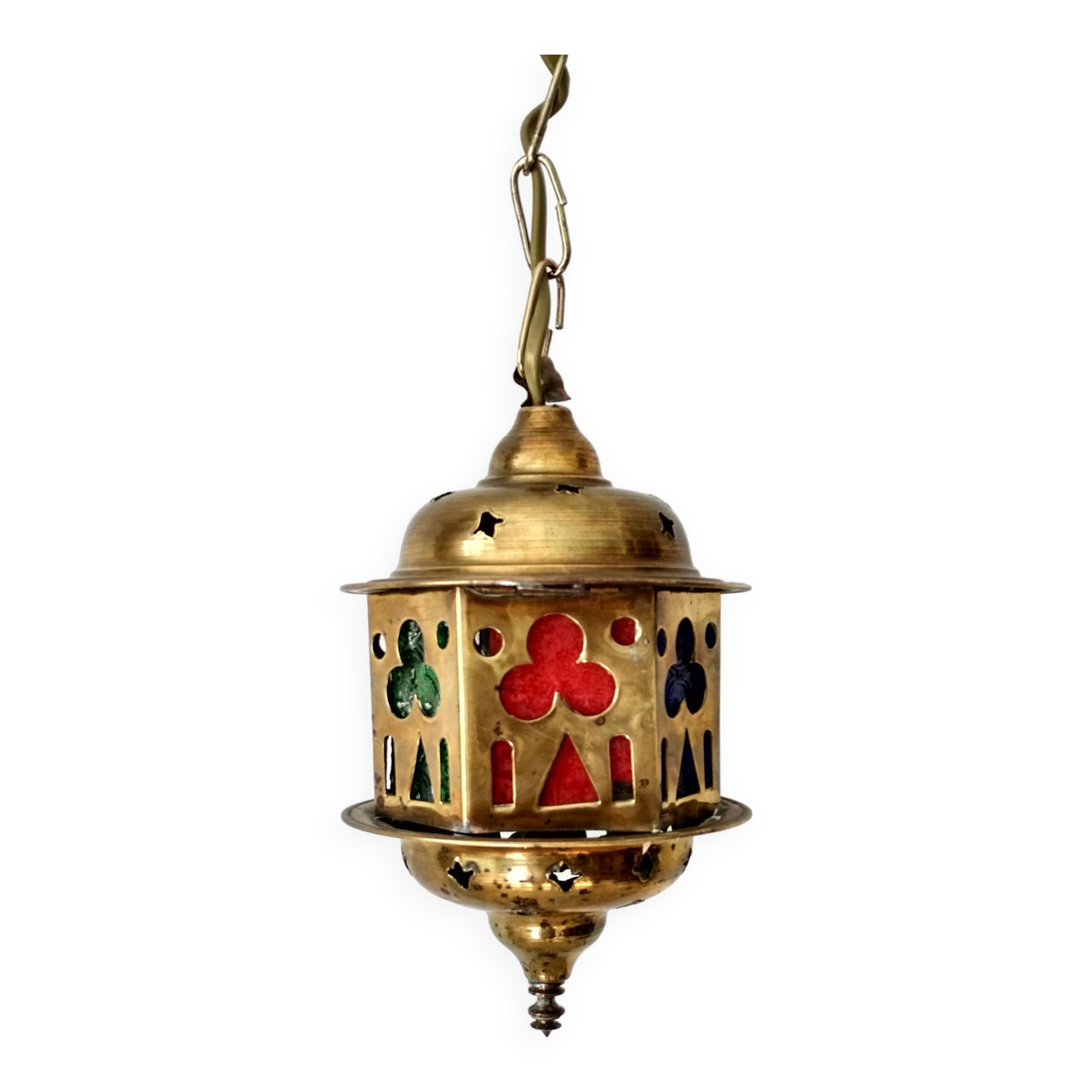 Suspension lantern in moucharabieh brass, colored windows