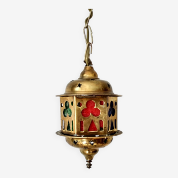 Suspension  lanterne en laiton moucharabieh, vitres colorées