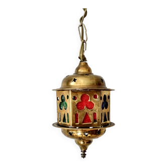 Suspension lantern in moucharabieh brass, colored windows