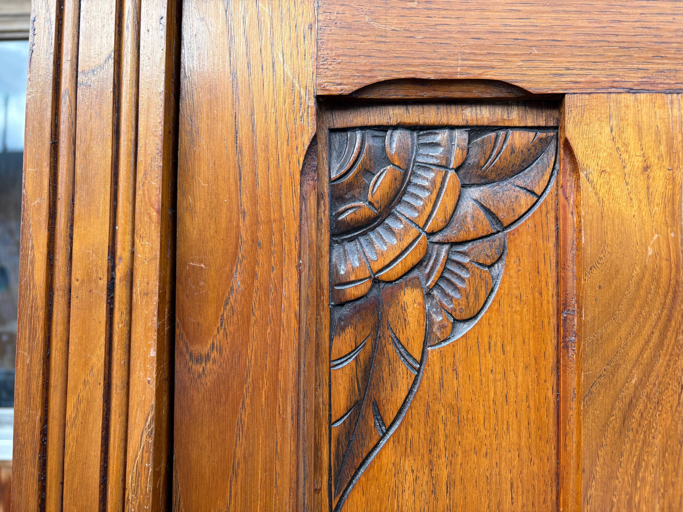 /Art Deco wardrobe with mirror in carved solid oak from the 20s/30s