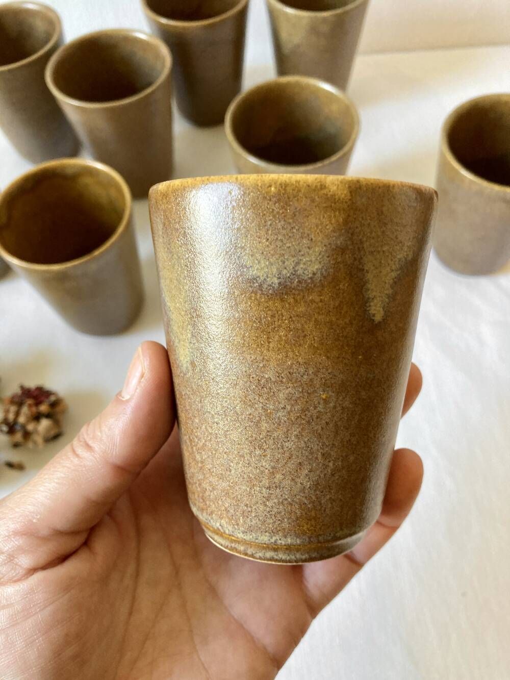 Set of 12 glazed stoneware cups, Digoin Stoneware Pots