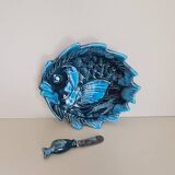 Ceramic butter dish signed Vallauris fish decor and its knife / fish / ceramic / 1960 / French riviera / Mid-Century / 20th