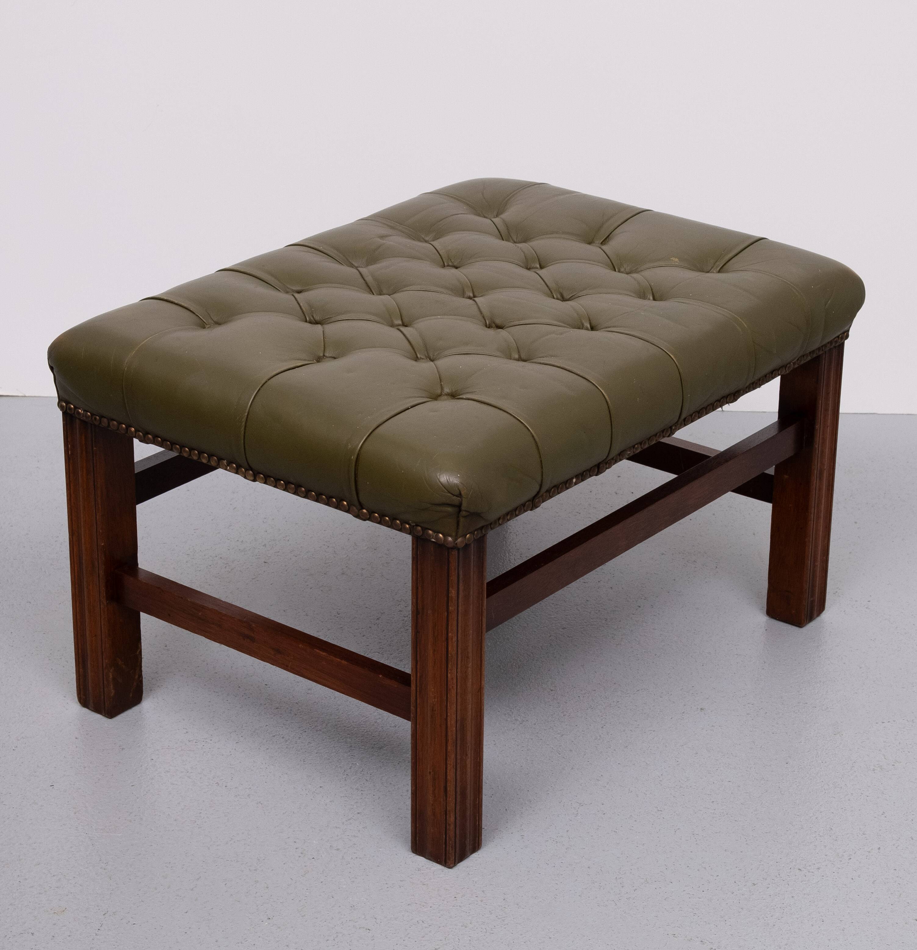 Capped Green Leather Chesterfield Foot stool 1960s England