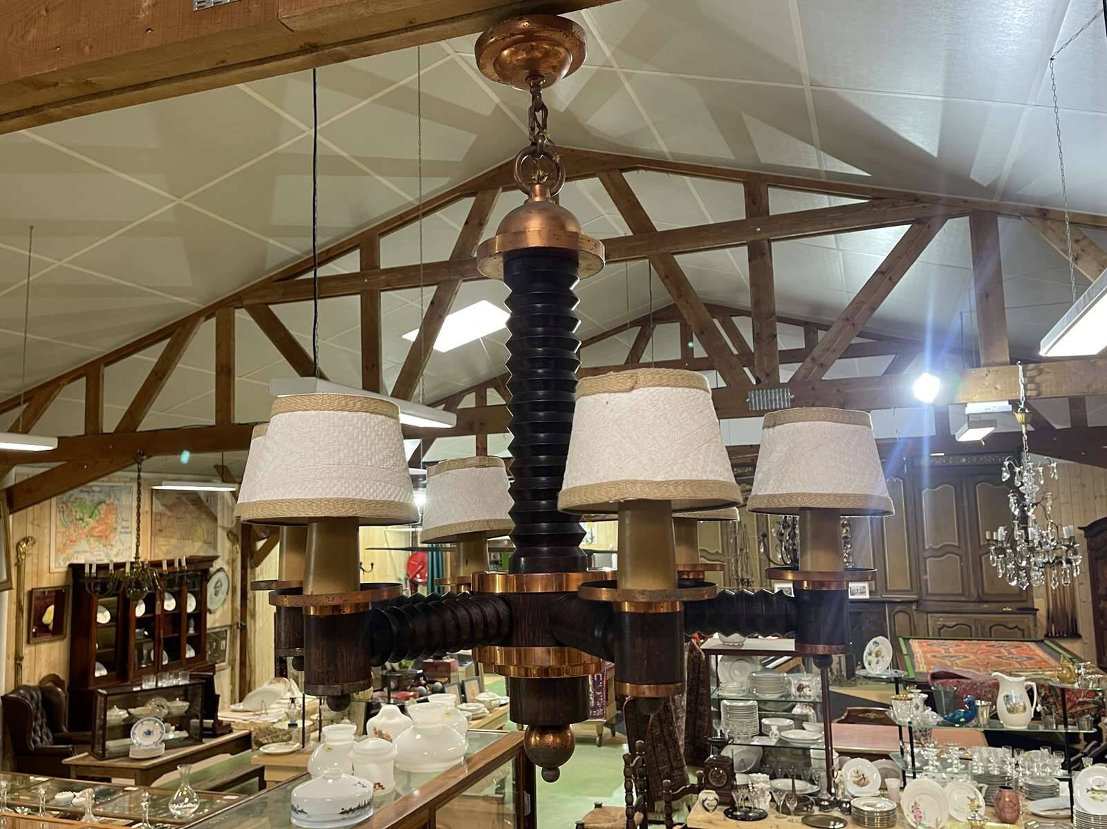 6-light oak chandelier from the 50s