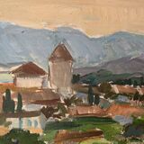 Peinture à l’huile de paysage impressionniste suédois du milieu du 20e siècle « Marbella » années 1960