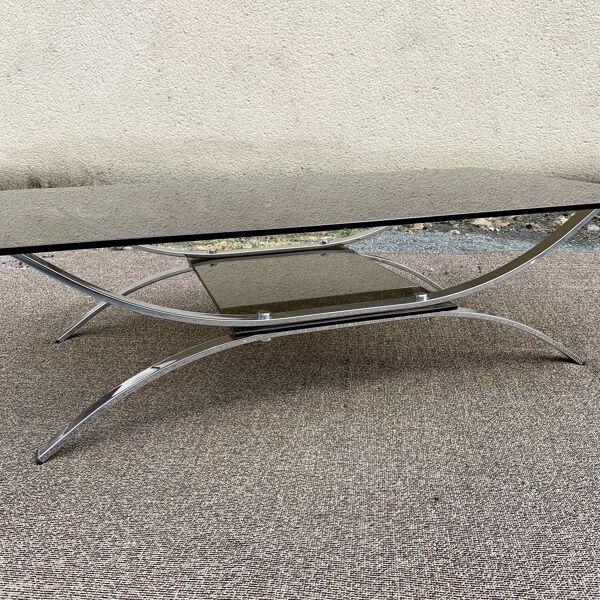 Table basse double verre fumé et chrome 1980