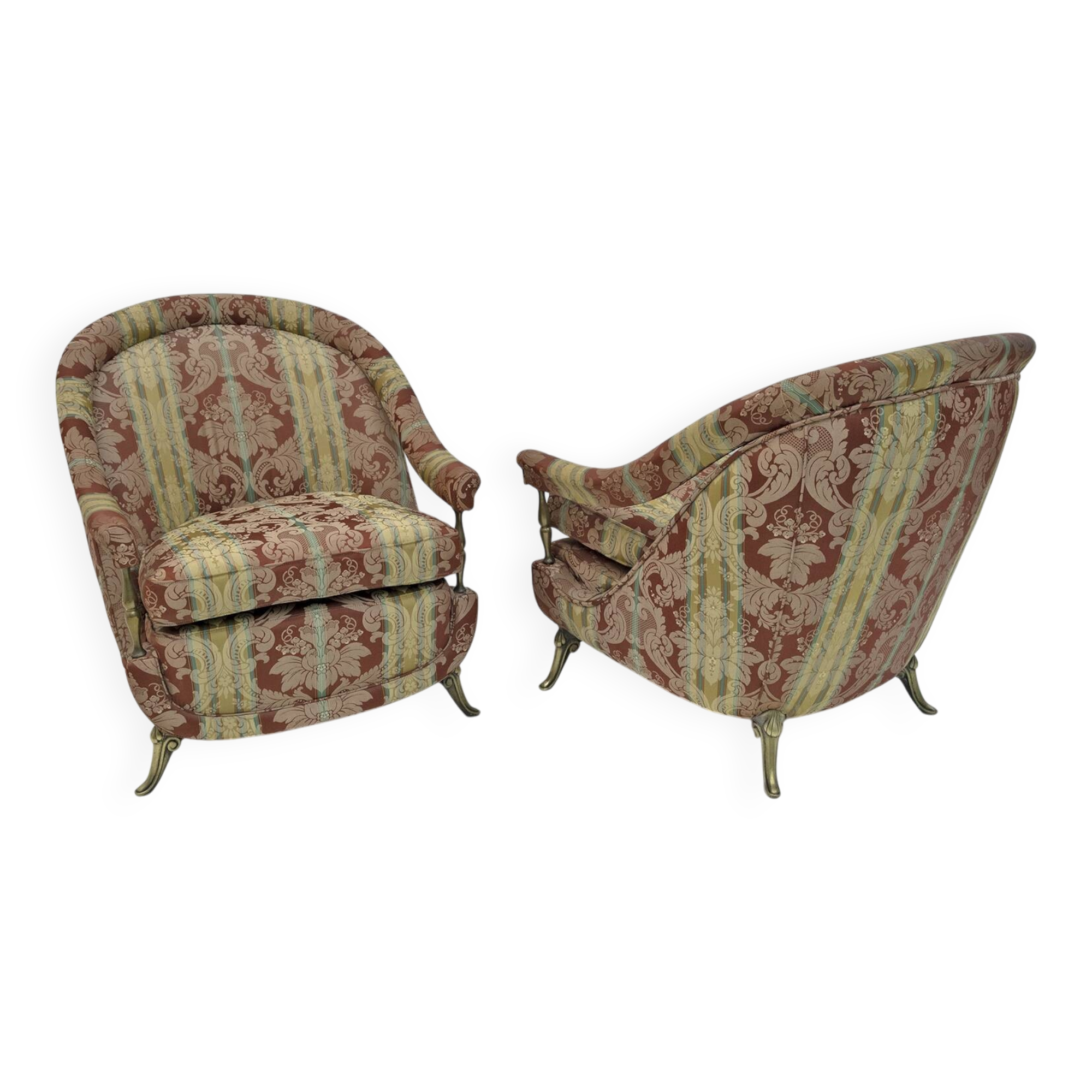 Pair Art Dèco Style French Brass And Fabric Armchairs, 1950s