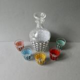 1 bouteille et ses 5 verres, décor cannage, années 70, France