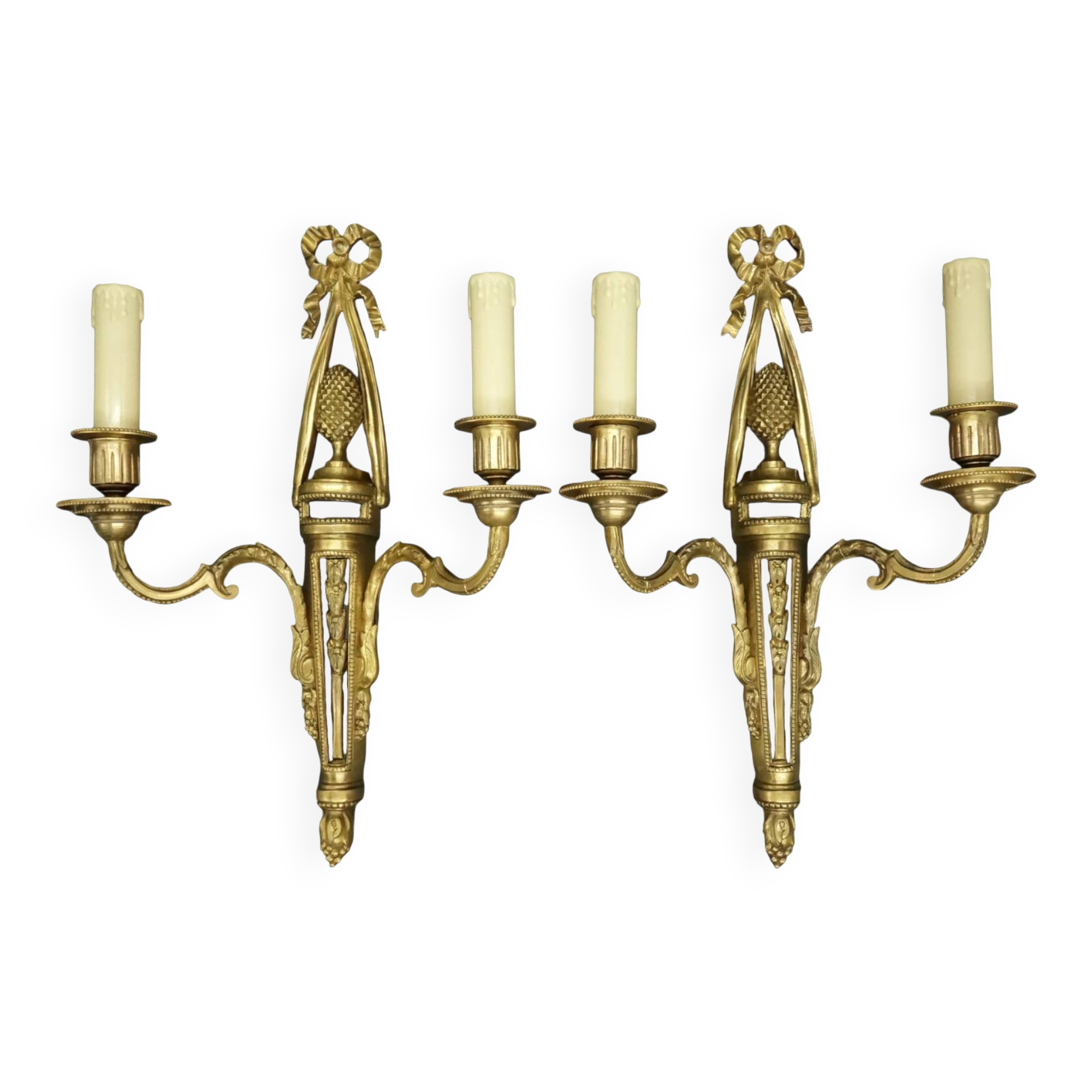 Pair of large wall sconces with bow in Louis XVI style from the 19th century - bronze